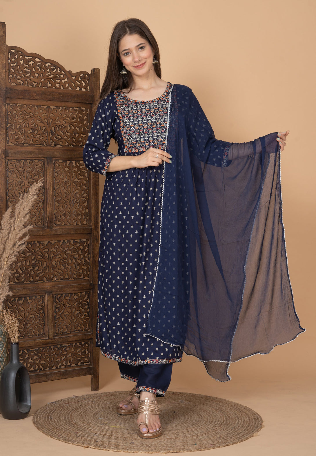 Women's Blue Printed Embroidered Nayra Cut Kurta With Pant And Dupatta - Singni