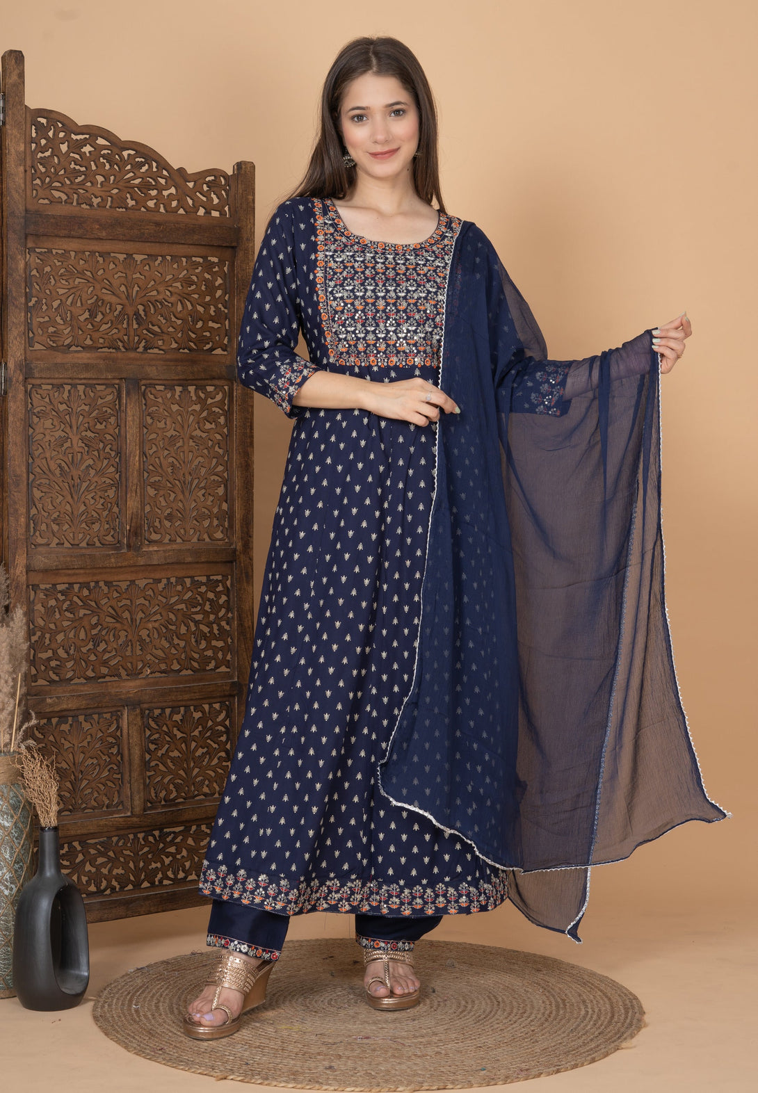 Women's Blue Rayon Printed Embroidered Kurta Pant And Dupatta Set - Singni