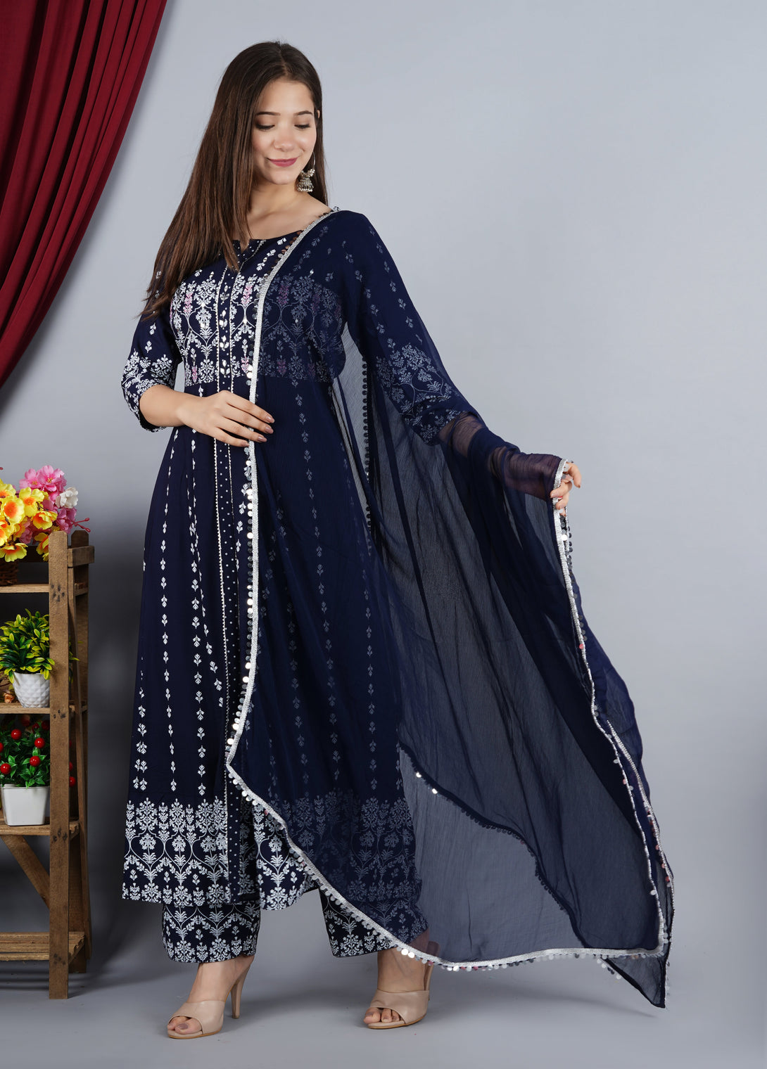 Women's Anarkali Rayon Printed Embroidered Kurta With Pant And Dupatta - Singni