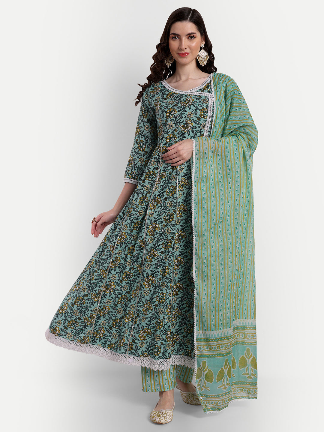 Women's Angrakha Cotton Printed Embroidered Kurta Pant And Dupatta - Singni