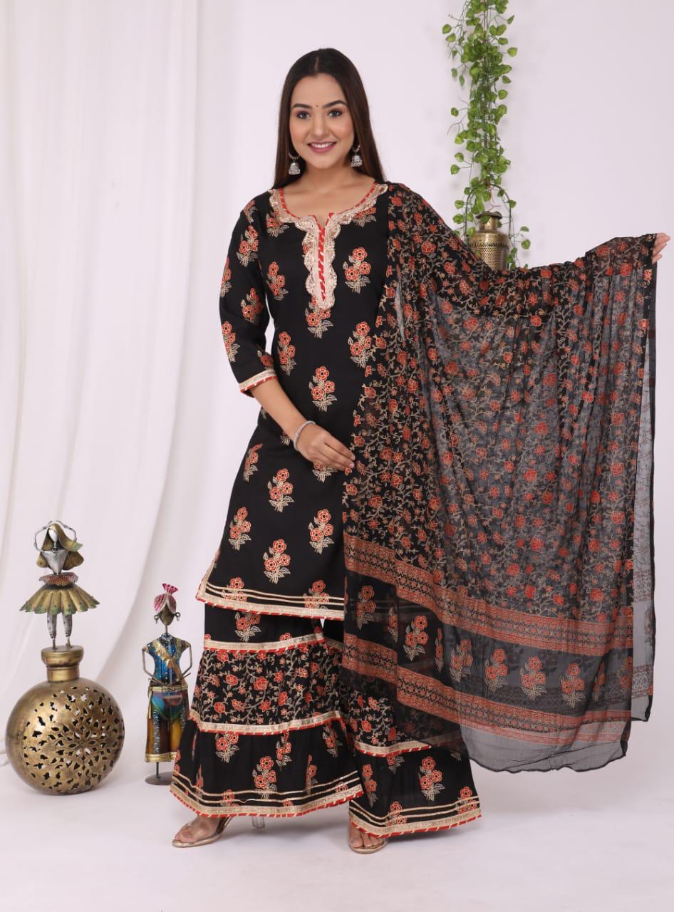 Women's Straight Rayon Printed Embellished Kurta With Sharara And Dupatta  - Singni