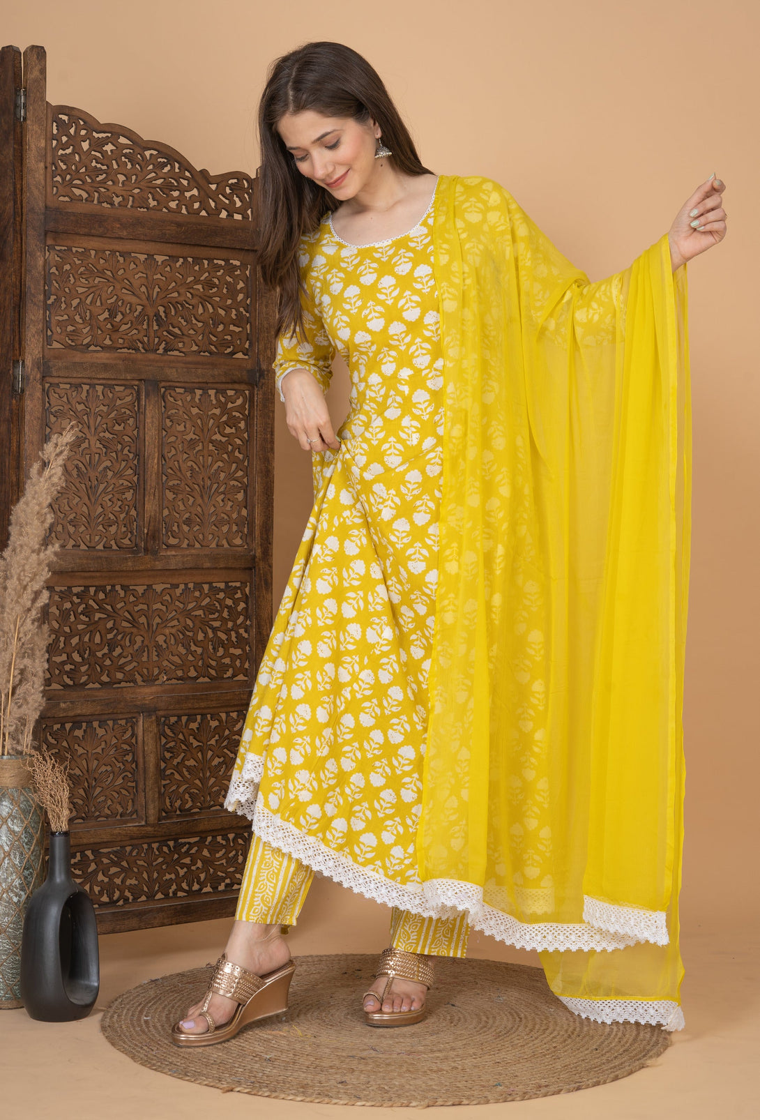 Women's Yellow Cotton Printed Anarkali Kurta Pant And Dupatta Set - Singni