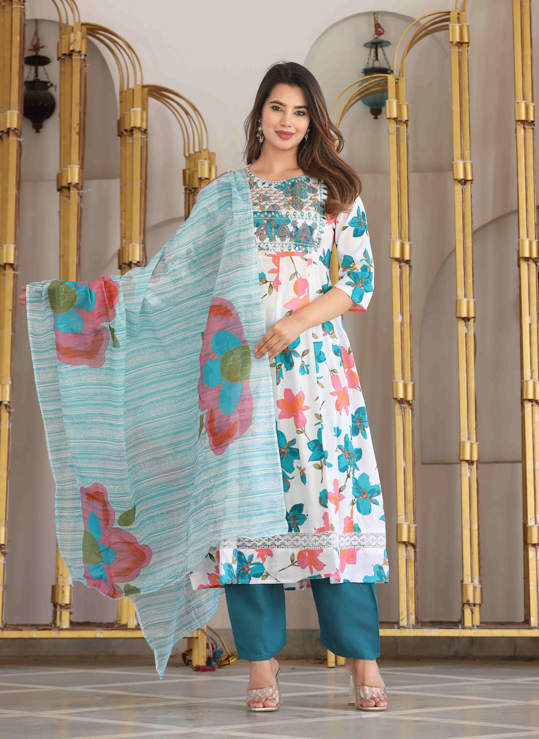 Women's Anarkali Rayon Printed Embroidered Kurta With Pant And Dupatta - Singni