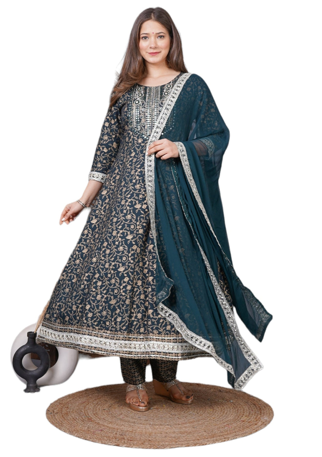 Women's Anarkali Rayon Printed Embroidered Kurta With Pant And Dupatta - Singni