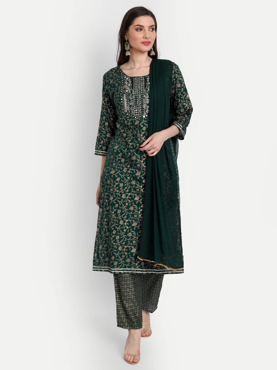 Women's Straight Rayon Printed Embroidered Kurta With Pant And Dupatta - Singni