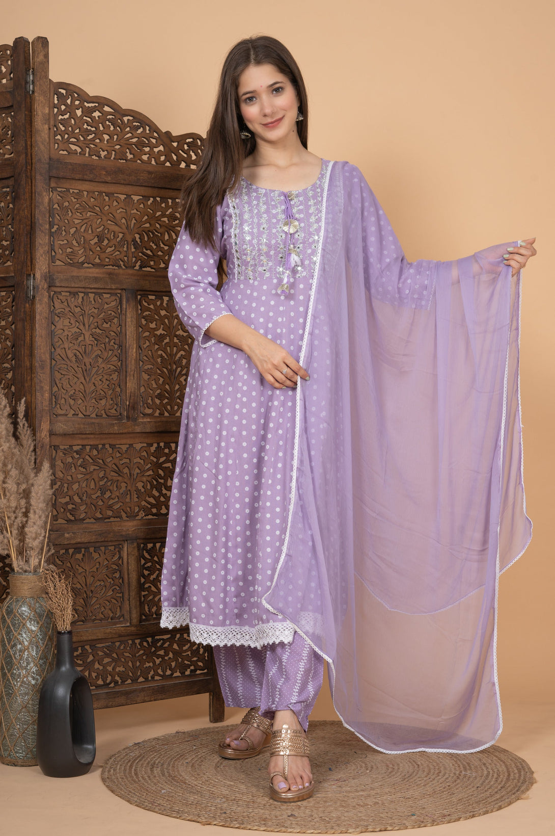 Women's Lavender Rayon Embroidered Printed Anarkali Kurta With Pant And Dupatta - Singni