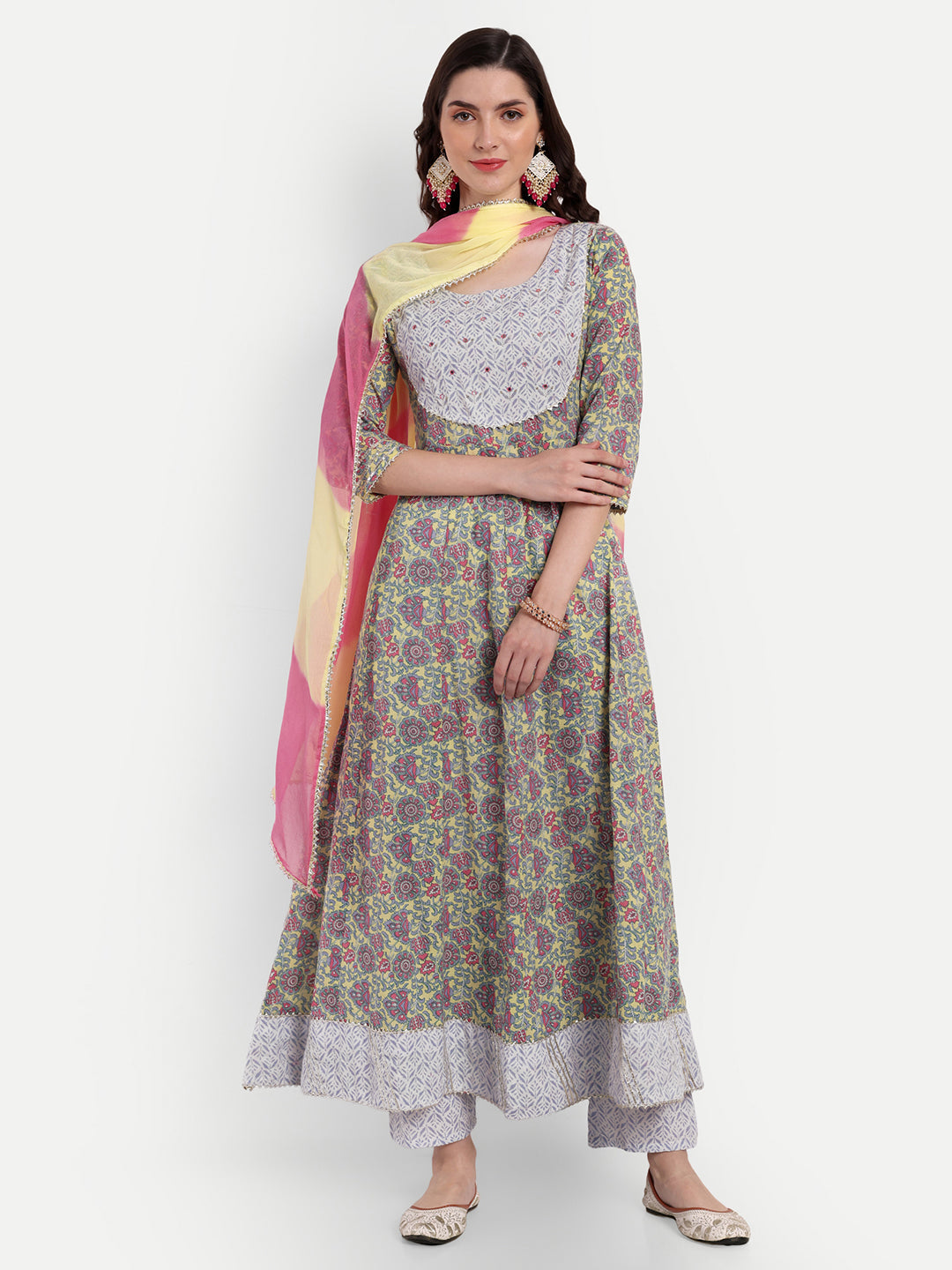 Women's Anarkali Cotton Printed Embroidered Kurta Pant And Dupatta - Singni