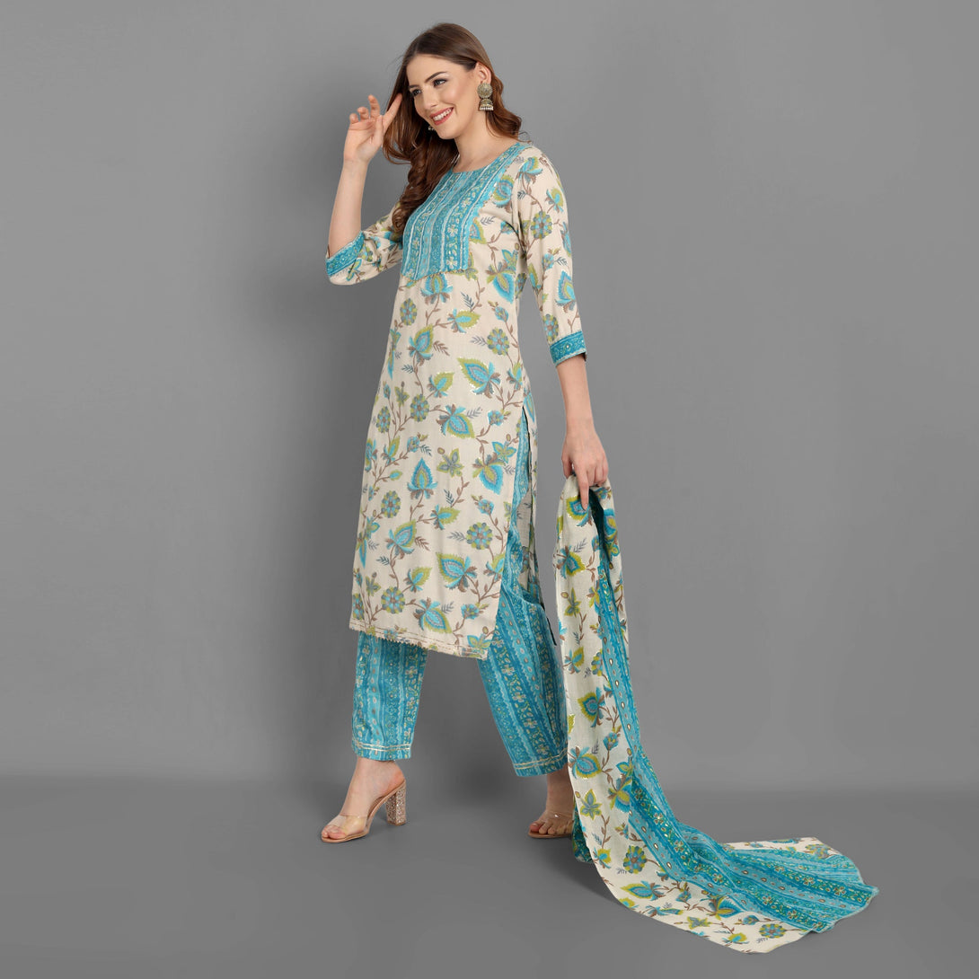 Women's Straight Rayon Printed Embellished Kurta With Pant And Dupatta  - Singni