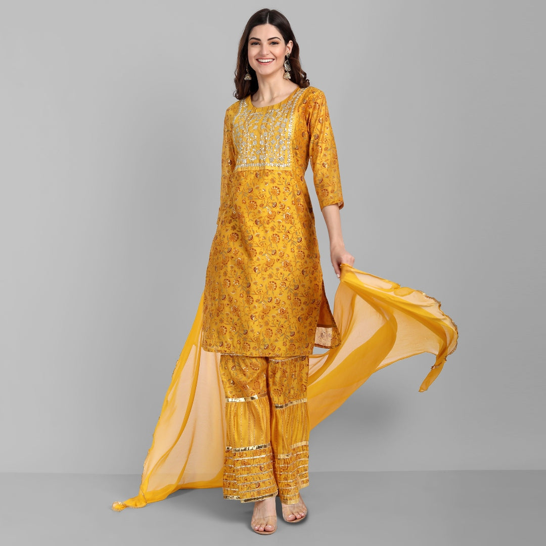 Women's Mustard Chanderi Printed Embroidered Kurta With Sharara And Dupatta Set - Singni