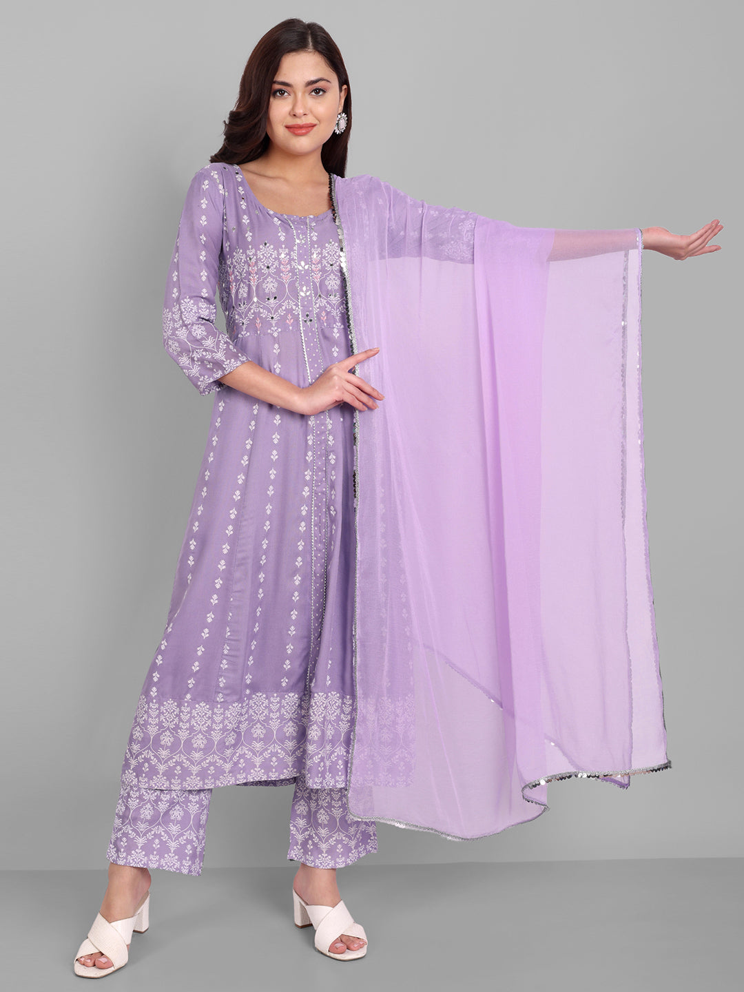 Women's Rayon Printed Embroidered Anarkali Kurta And Pant With Chiffon Dupatta Set - Singni