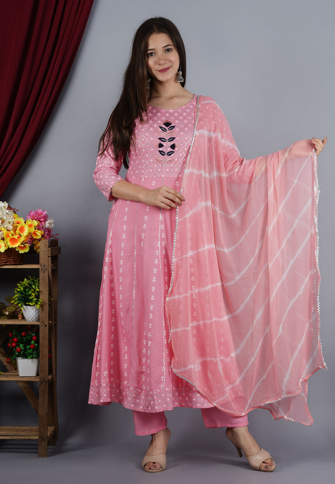 Women's Anarkali Rayon Printed Embroidered Kurta With Pant And Dupatta - Singni