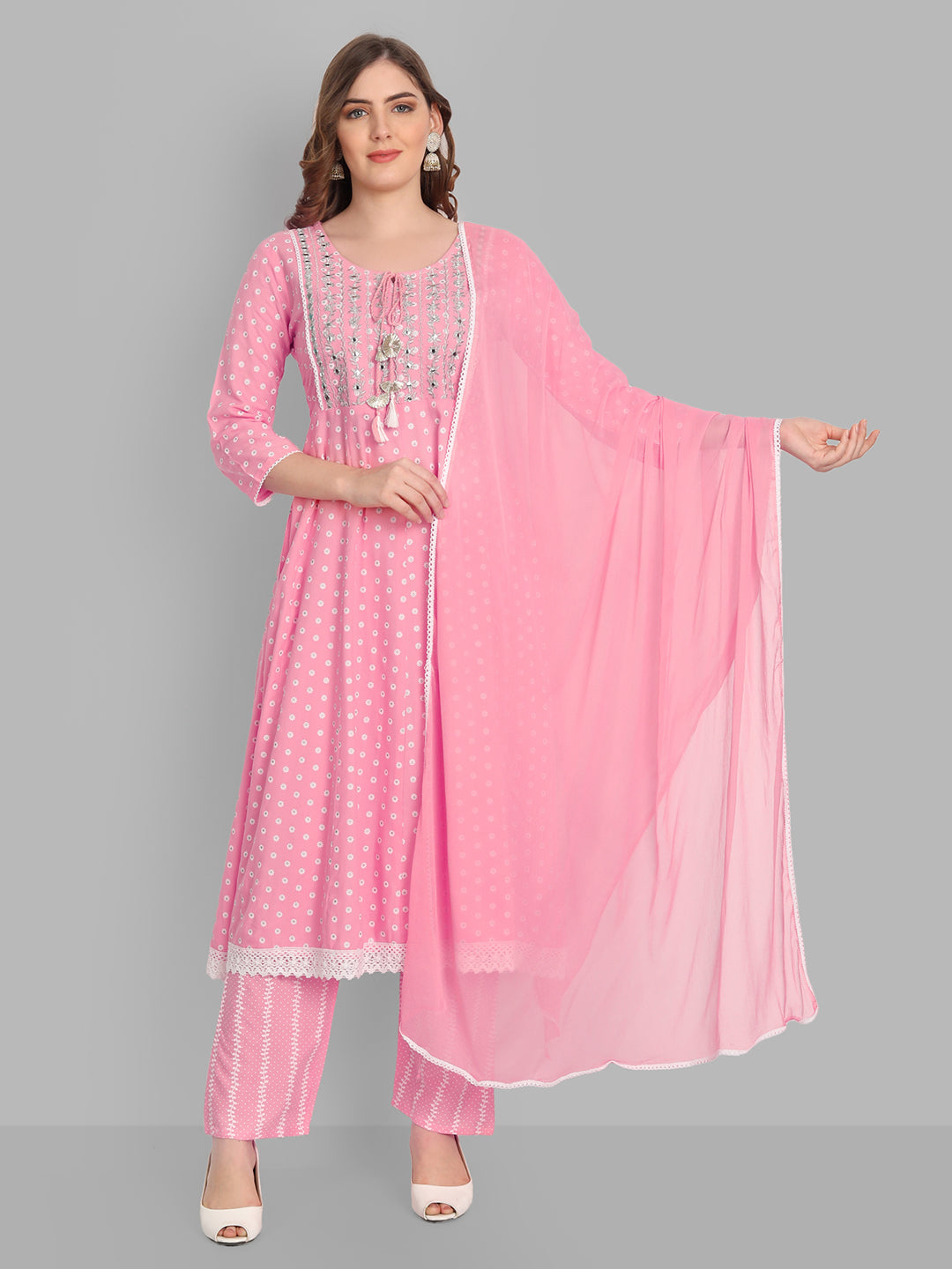 Women's Rayon Pink Anarkali Printed Embroidered Kurta With Pant And Dupatta - Singni