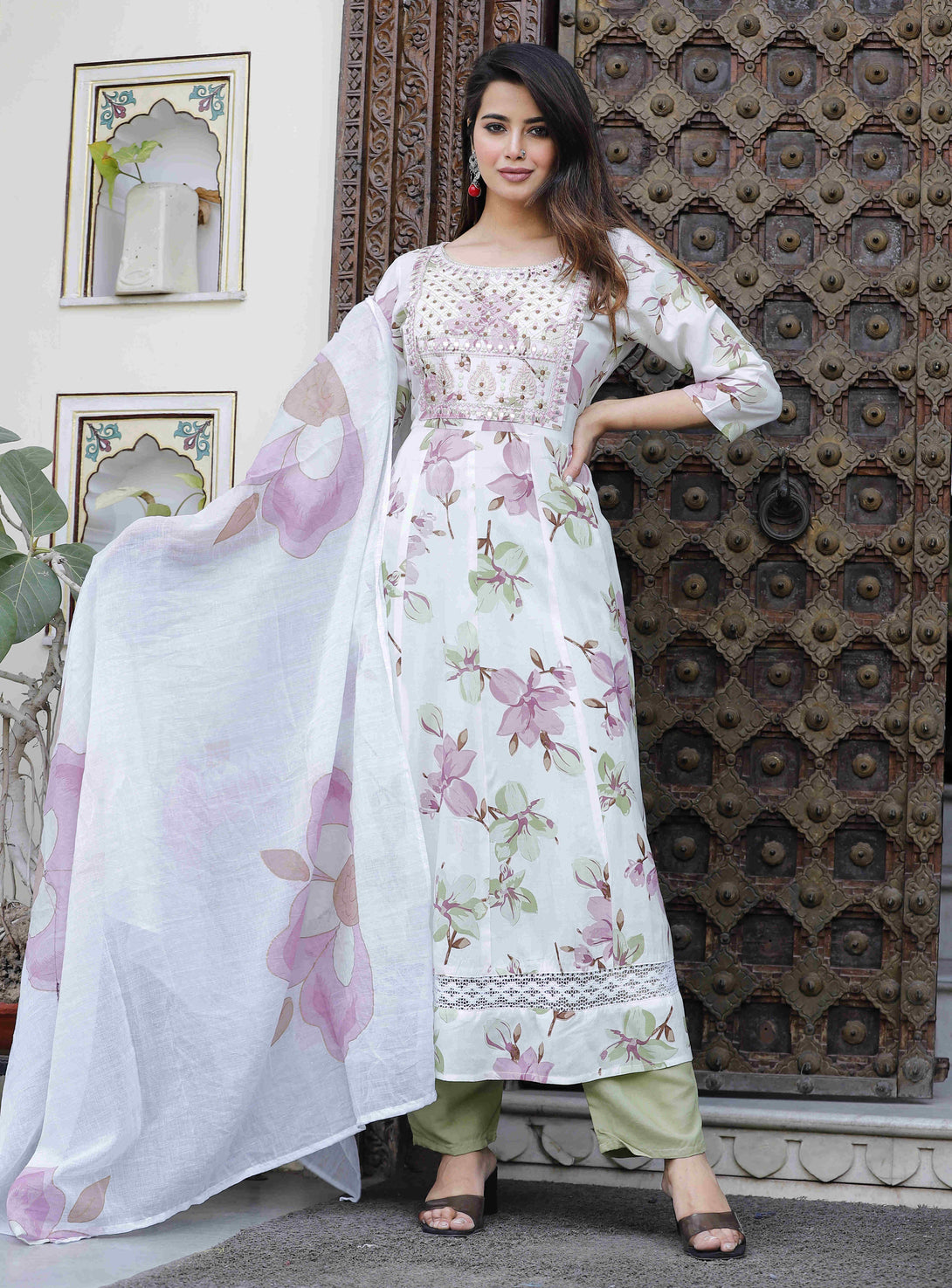 Women's Anarkali Rayon Printed Embroidered Kurta With Pant And Dupatta - Singni