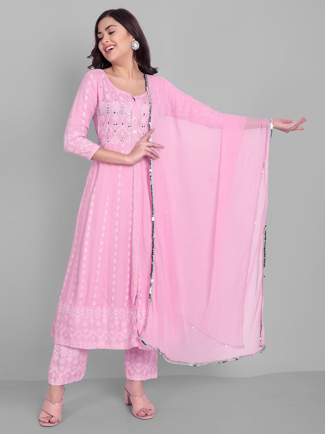 Women's Rayon Printed Embroidered Anarkali Kurta And Pant With Chiffon Dupatta Set - Singni