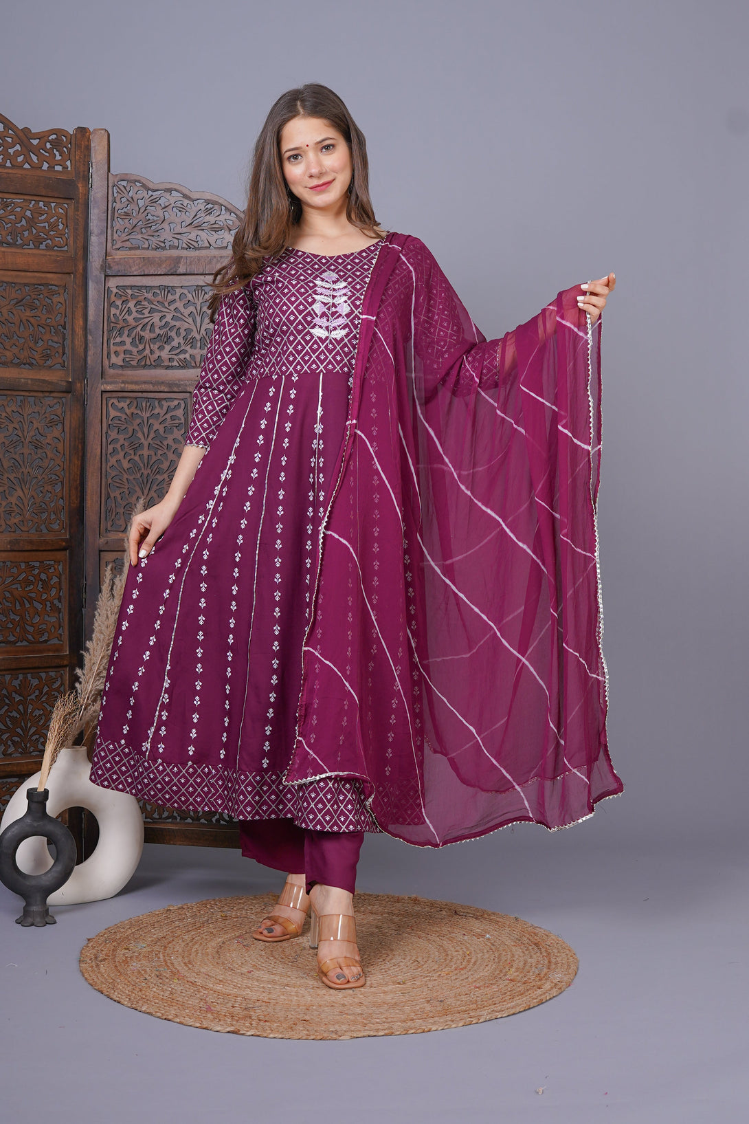 Women's Anarkali Rayon Printed Embroidered Kurta With Pants And Dupatta  - Singni