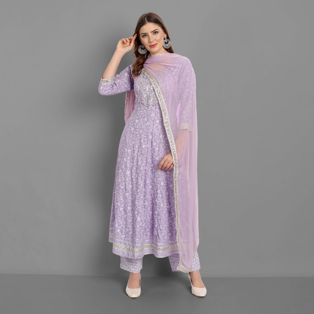 Women's Purple Rayon Printed Embroidered Kurta With Pant And Dupatta - Singni