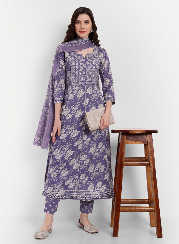 Women's Anarkali Cotton Printed Embroidered Kurta Pant And Dupatta - Singni