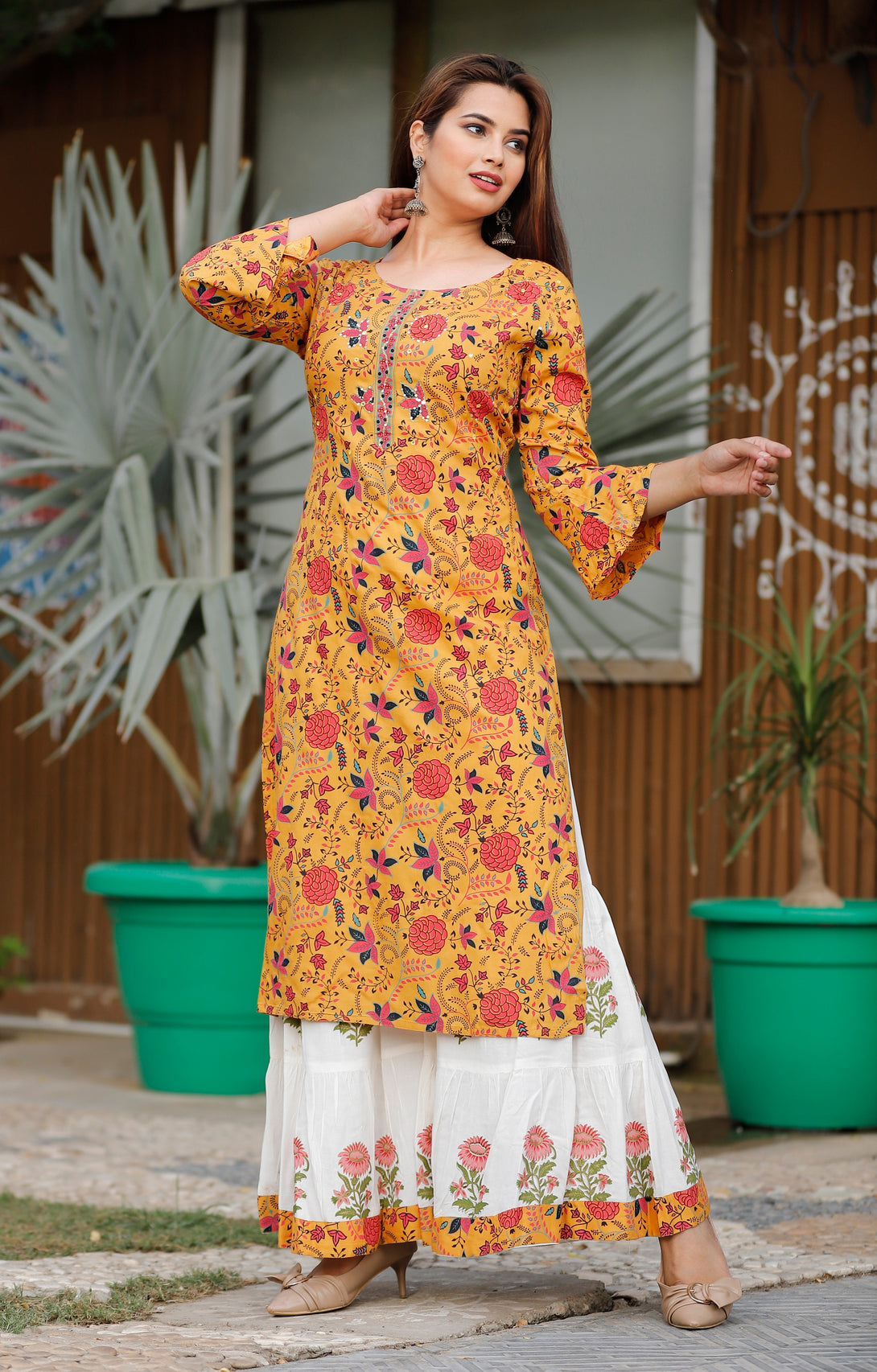 Women's Straight Rayon Printed Embroidered Kurta With Sharara  - Singni