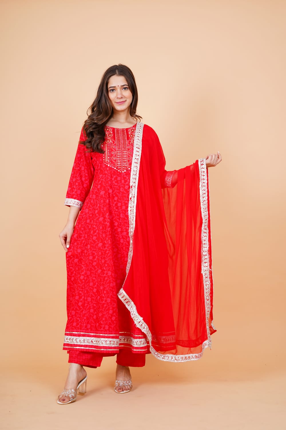 Women's Anarkali Rayon Printed Embroidered Kurta With Pant And Dupatta - Singni