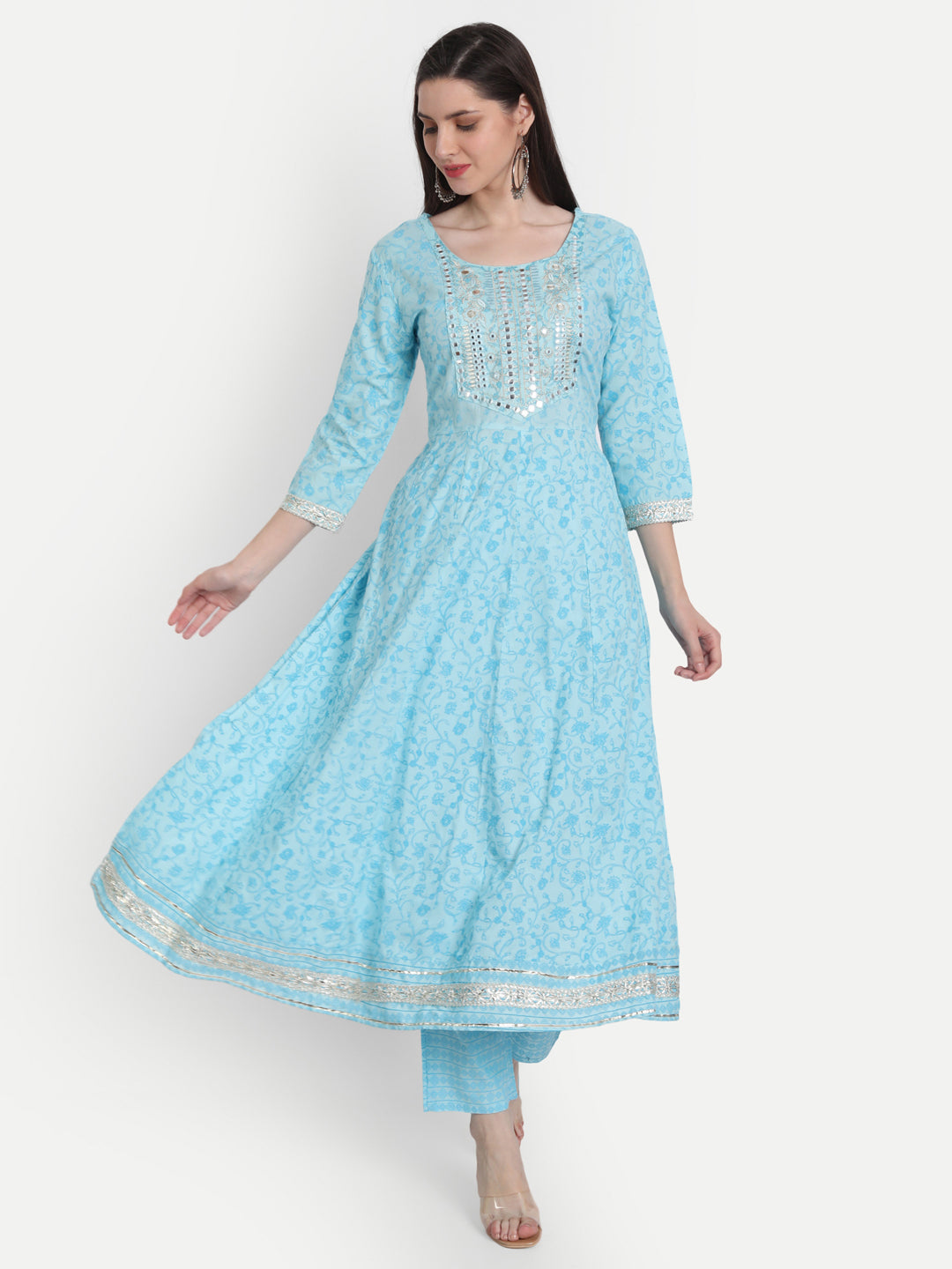 Women's Anarkali Rayon Printed Embroidered Kurta With Pant And Dupatta - Singni