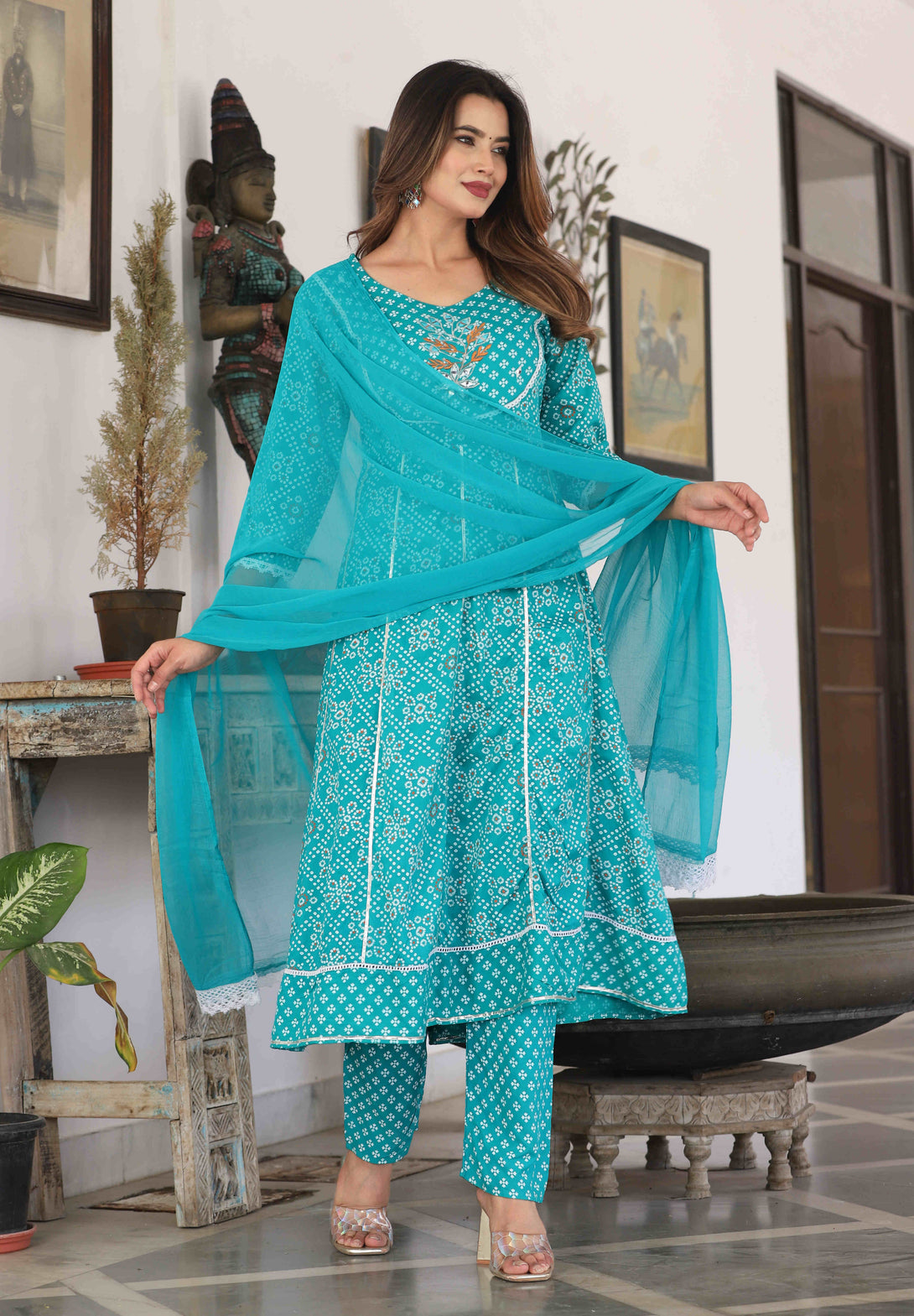 Women's Anarkali Rayon Printed Embroidered Kurta With Pants And Dupatta - Singni