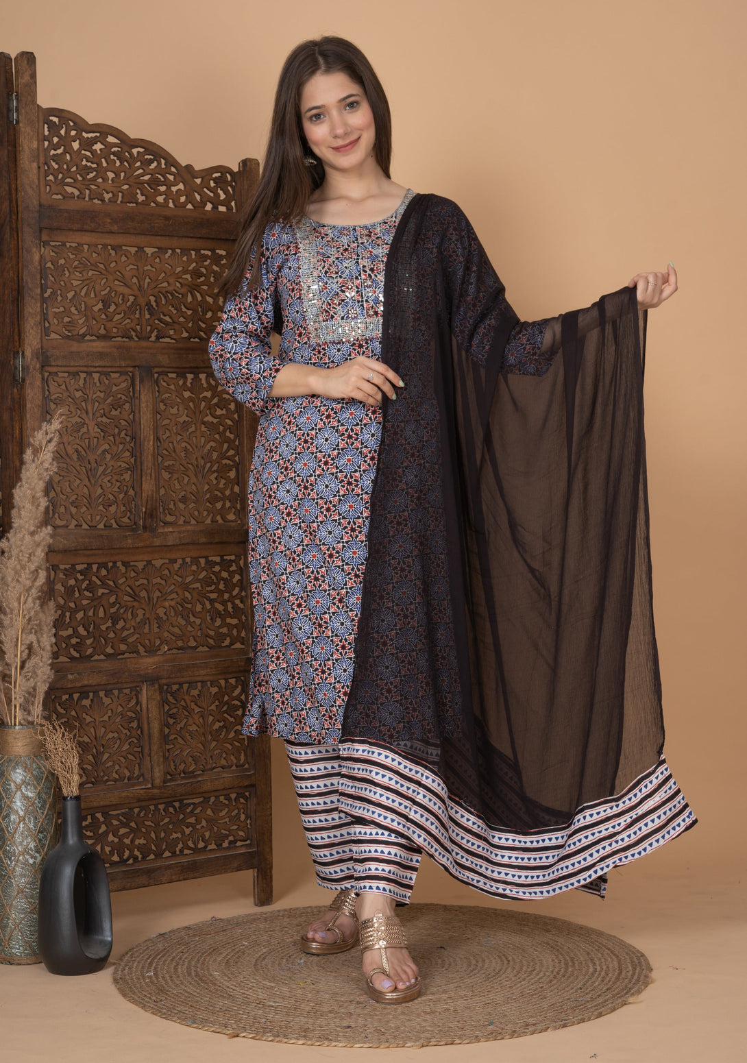 Women's Straight Rayon Printed Embroidered Kurta With Pants And Dupatta - Singni