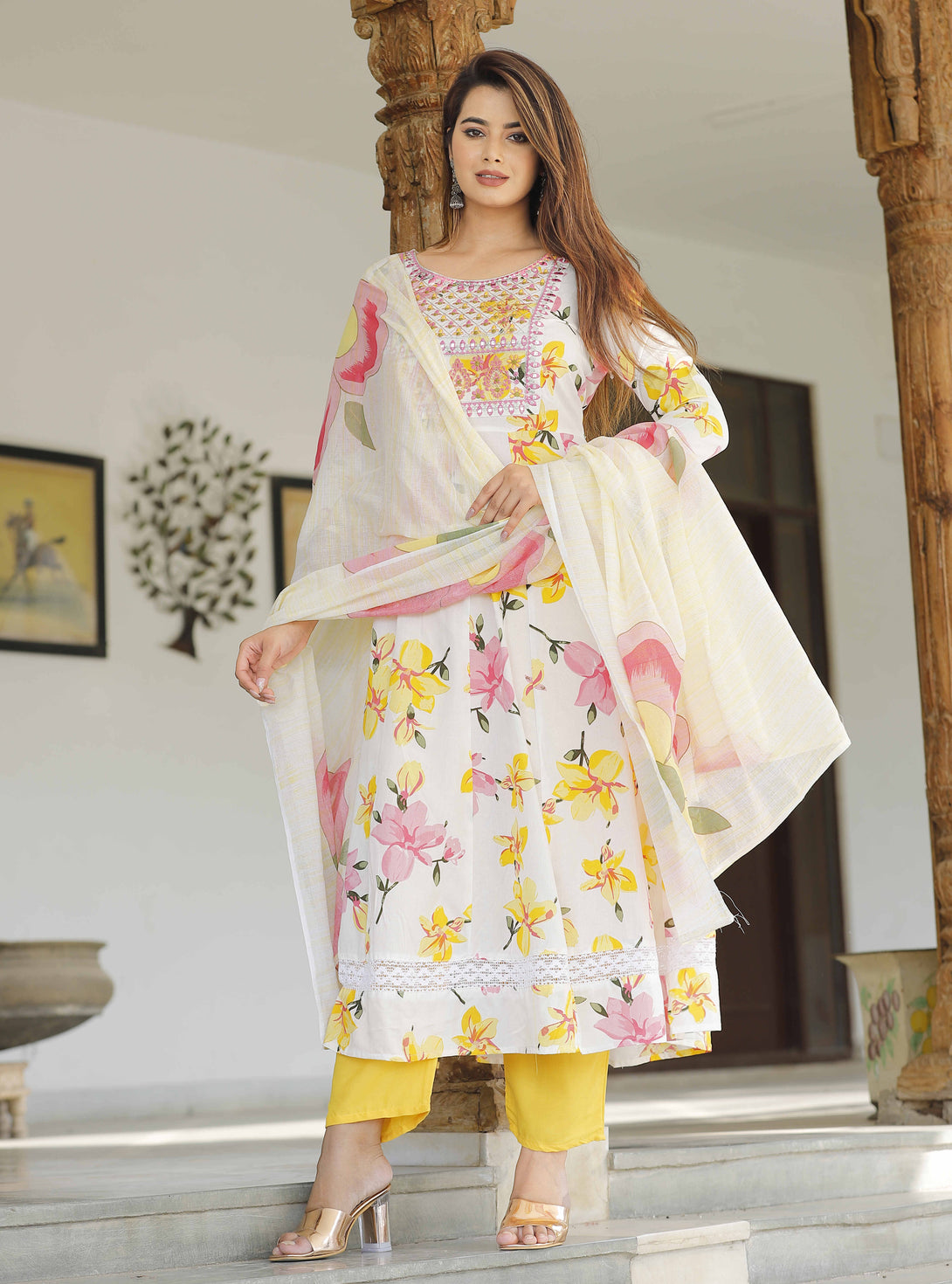 Women's Anarkali Rayon Printed Embroidered Kurta With Pant And Dupatta - Singni