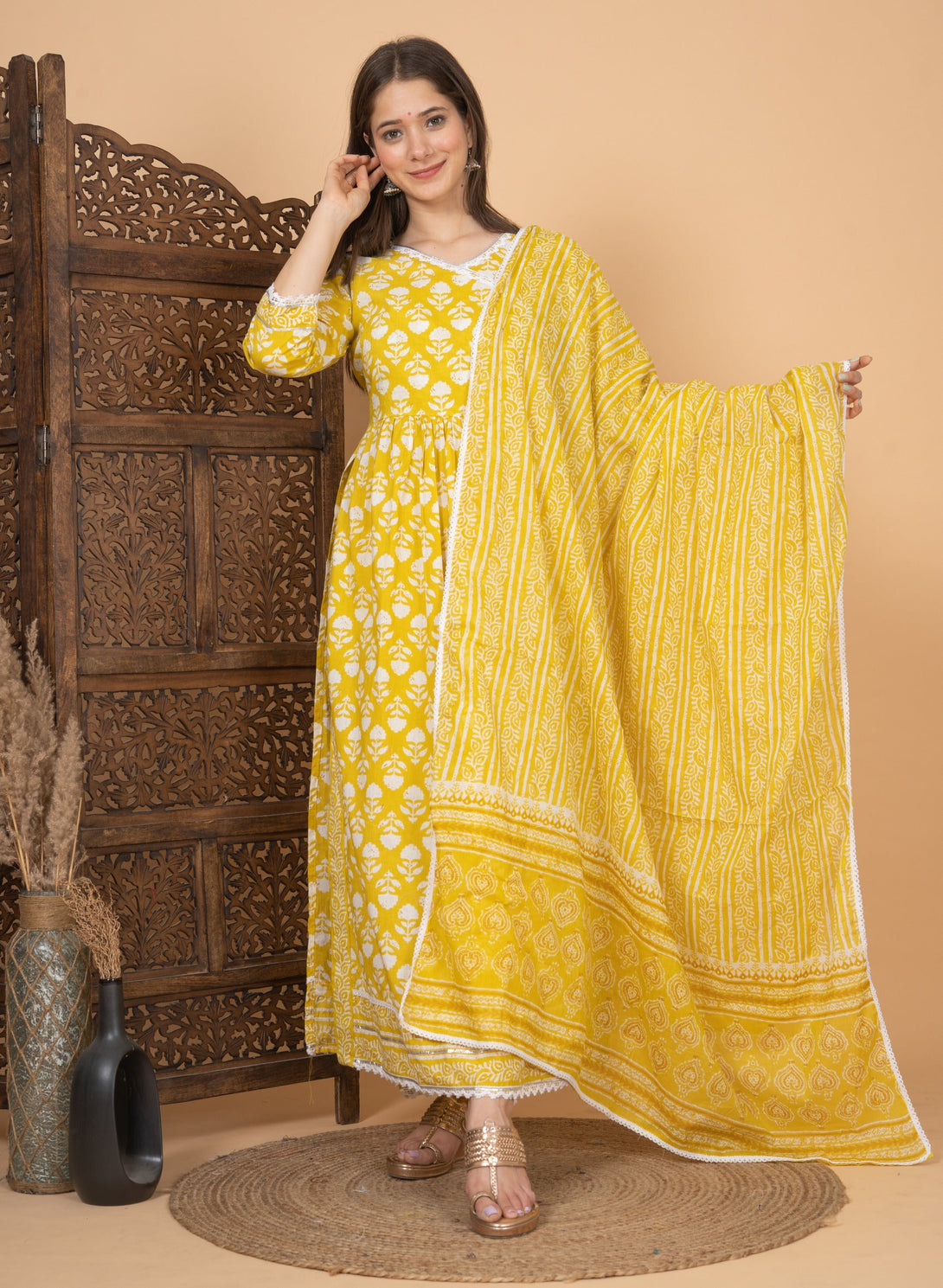 Women's Yellow Cotton Printed Anarkali Kurta Pant And Dupatta Set - Singni