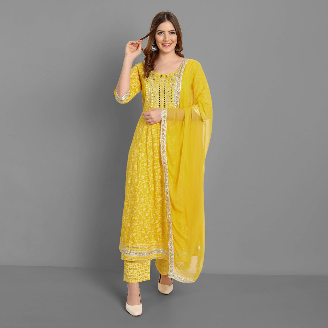 Women's Anarkali Rayon Printed Embroidered Kurta With Pant And Dupatta - Singni