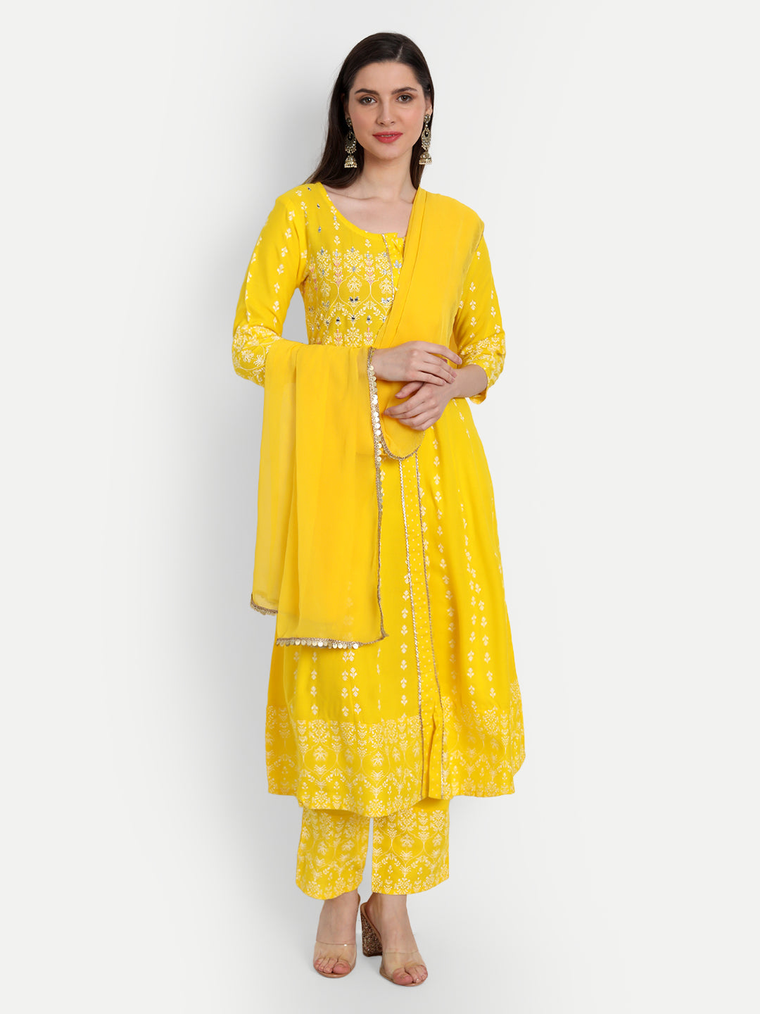 Women's Anarkali Rayon Printed Embroidered Kurta With Pant And Dupatta - Singni