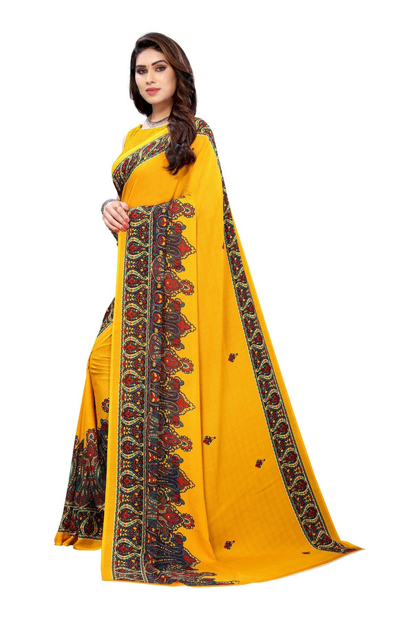 Women's Yellow Printed Georgette Saree - Vamika