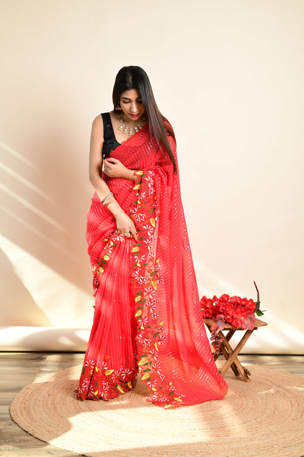 Women's  Red Heavy Thread Work Saree - VAMSEE