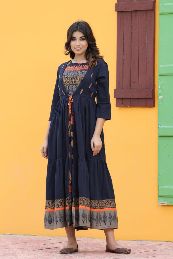 Women's Blue Printed Dress - Yufta