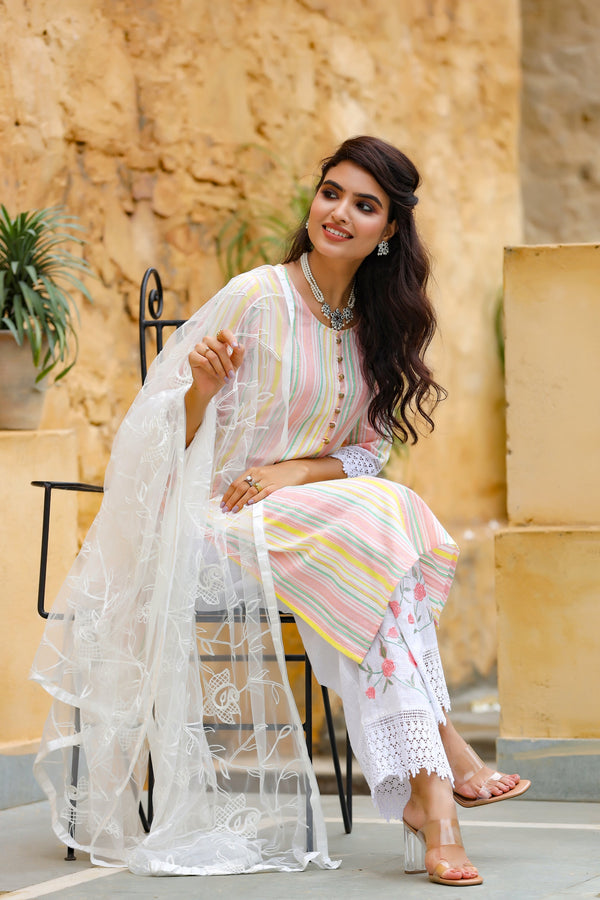 Women's White Striped Dupatta Set - Yufta