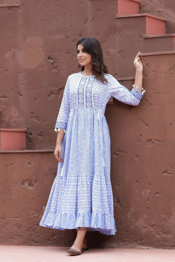 Women's Blue Printed Dress - Yufta