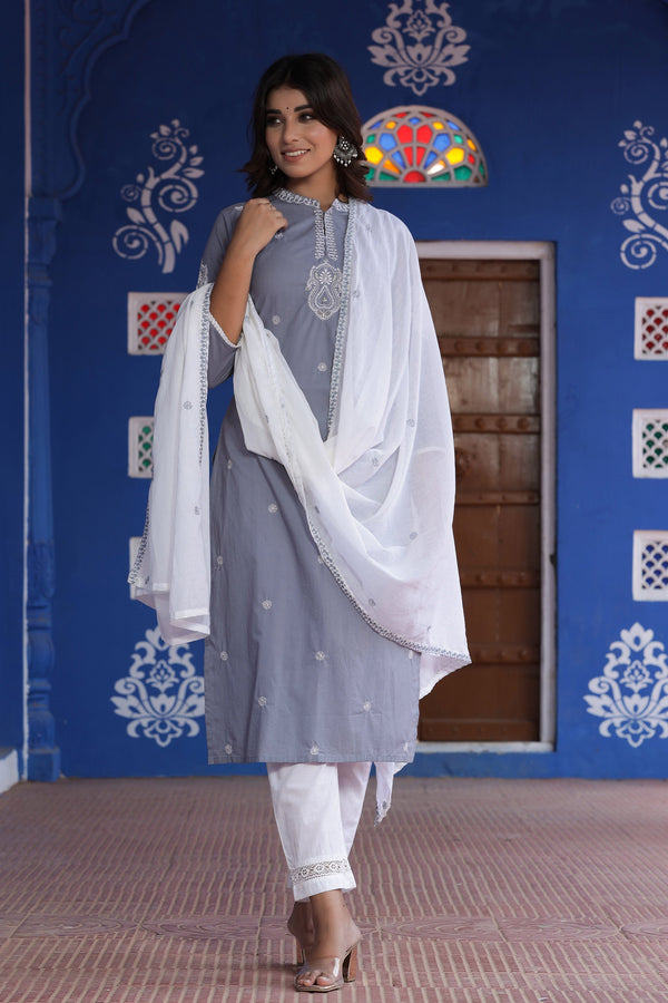 Women's Grey Embroidered Dupatta Set - Yufta