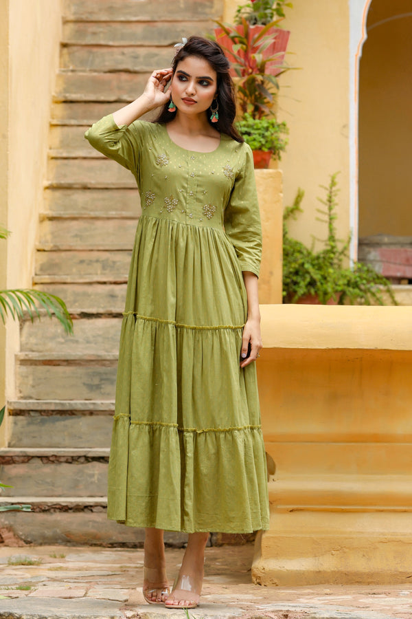 Women's Olive Green Tired Dress - Yufta