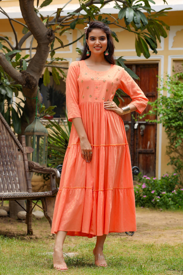 Women's Peach Tired Dress - Yufta