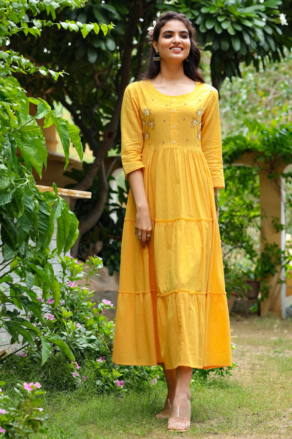 Women's Mustard Tired Dress - Yufta