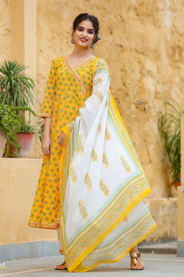 Women's Yellow Handblock Printed Dupatta Set - Yufta