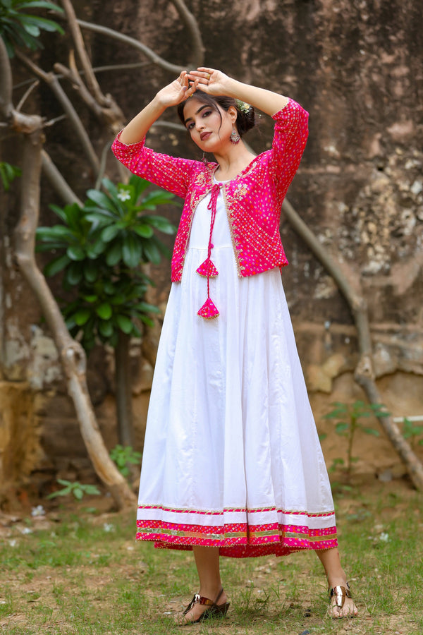 Women's White & Pink Dress With Jacket - Yufta