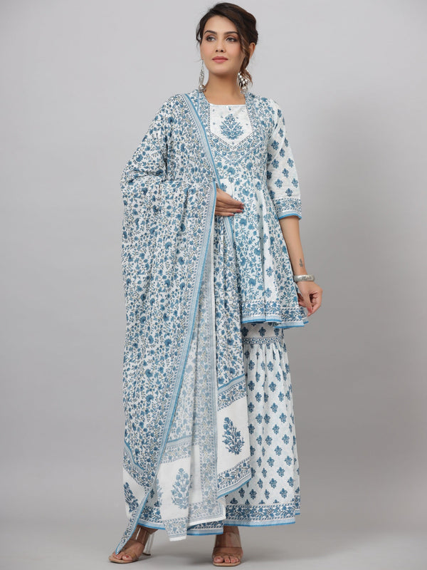 Jashvi Women's Blue Cotton Cambric Floral Placement Printed Anarkali Kurta Sharara & Dupatta Set