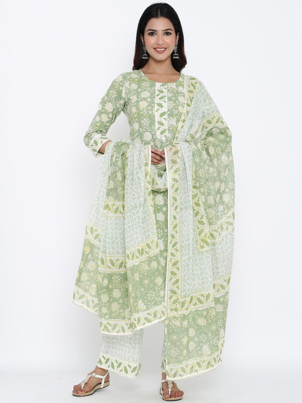 Women's Green Printed Cotton Kurta with Palazzo & Dupatta by Kipek (3 Pc Set)