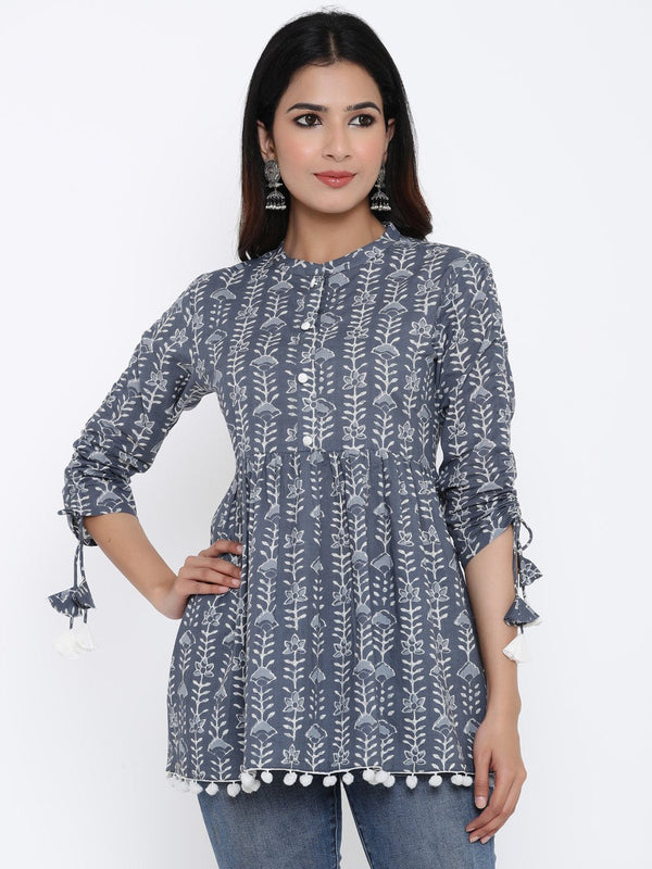 Women's Printed Cotton Fabric Short Tunic With Tie-Up Sleves Details In Grey Color - Kipek