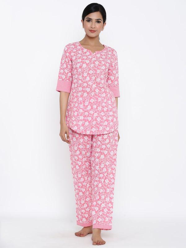 Women's Pink Printed Cotton Night Suit by Kipek (2 Pc Set)