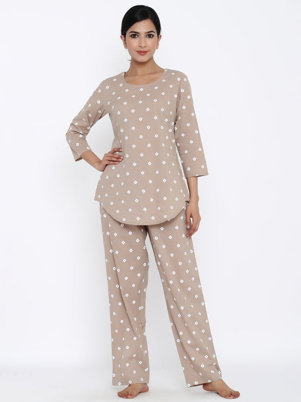 Women's Cream Cotton Night Suit by Kipek (2pcs Set)