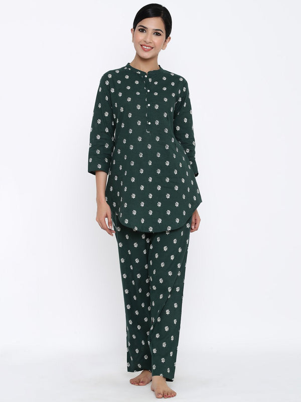 Women's Dark Green Cotton Night Suit by Kipek (2pcs Set)