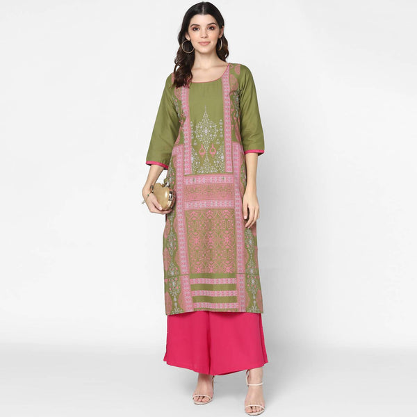 Women's Olive Green & Magenta Cotton Hand Block Print Straight Kurta With Palazzo Set - Cheera