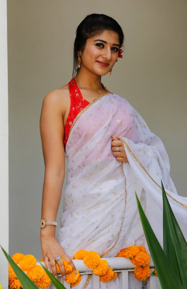 Women's White Kota Doria Saree - Indi Inside