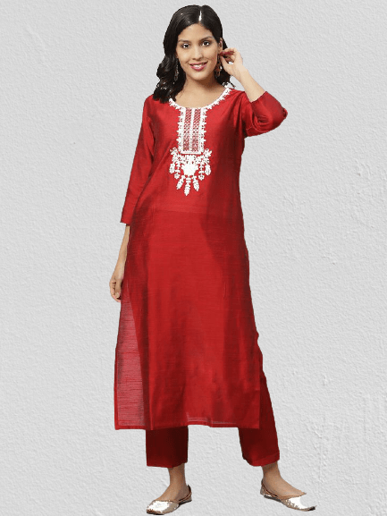 Women's KSUT Maroon & Silver Zari Embroidered Yoke Design Kurta with Trousers - Varanga